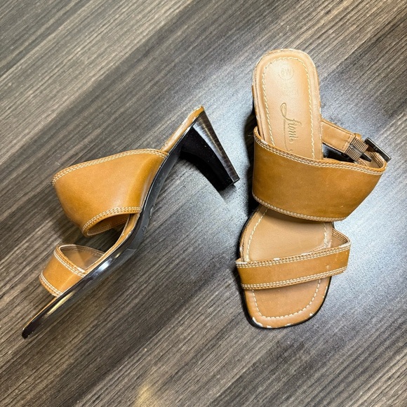 FIONI Clothing | Tan Slide Sandals Faux Leather with heels and buckle - Picture 4 of 4